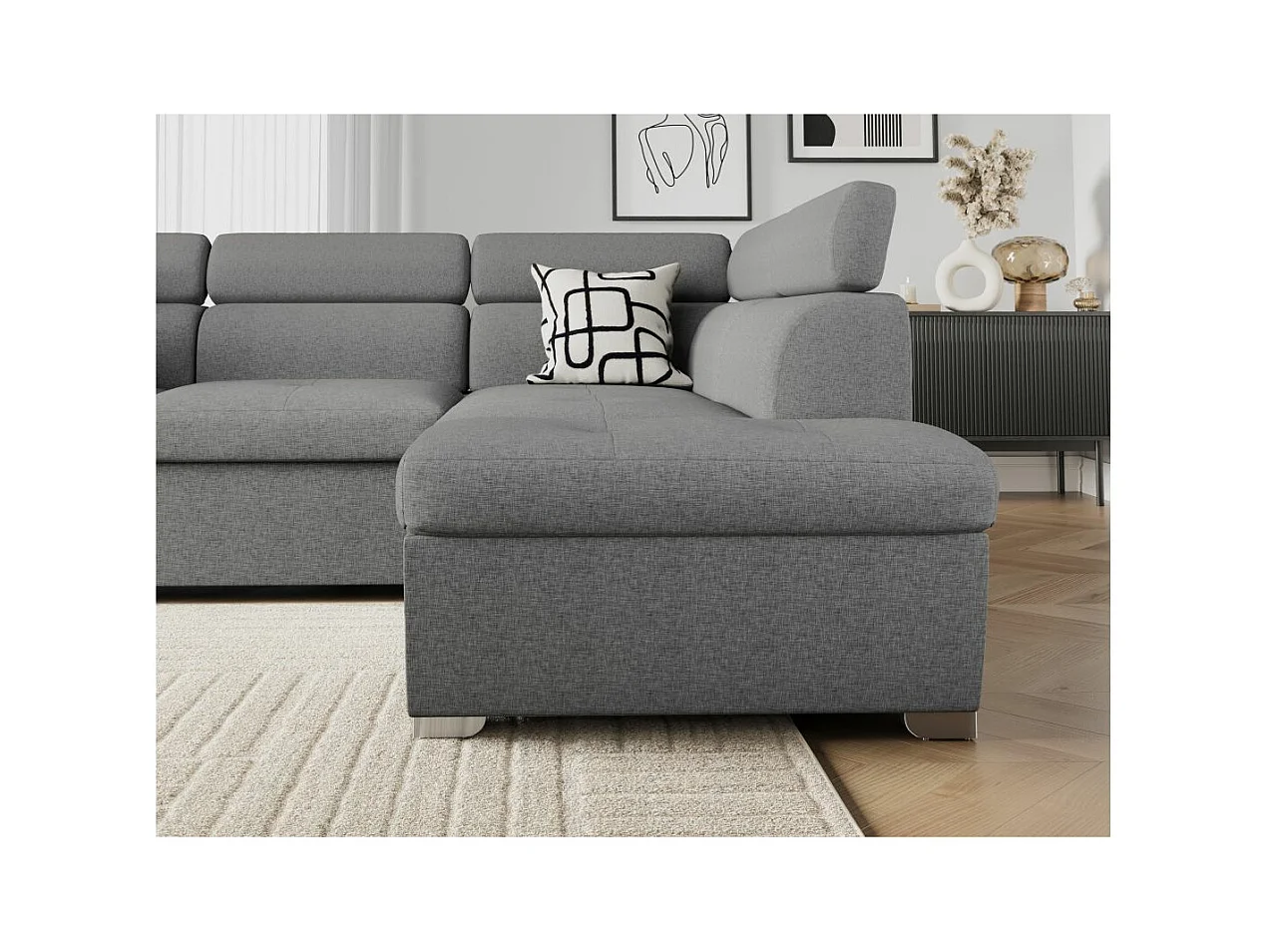 Canapé d'angle droit convertible Paola 4 places avec coffre en tissu - Gris clair - L261 x P198 x H80cm - Loungitude
