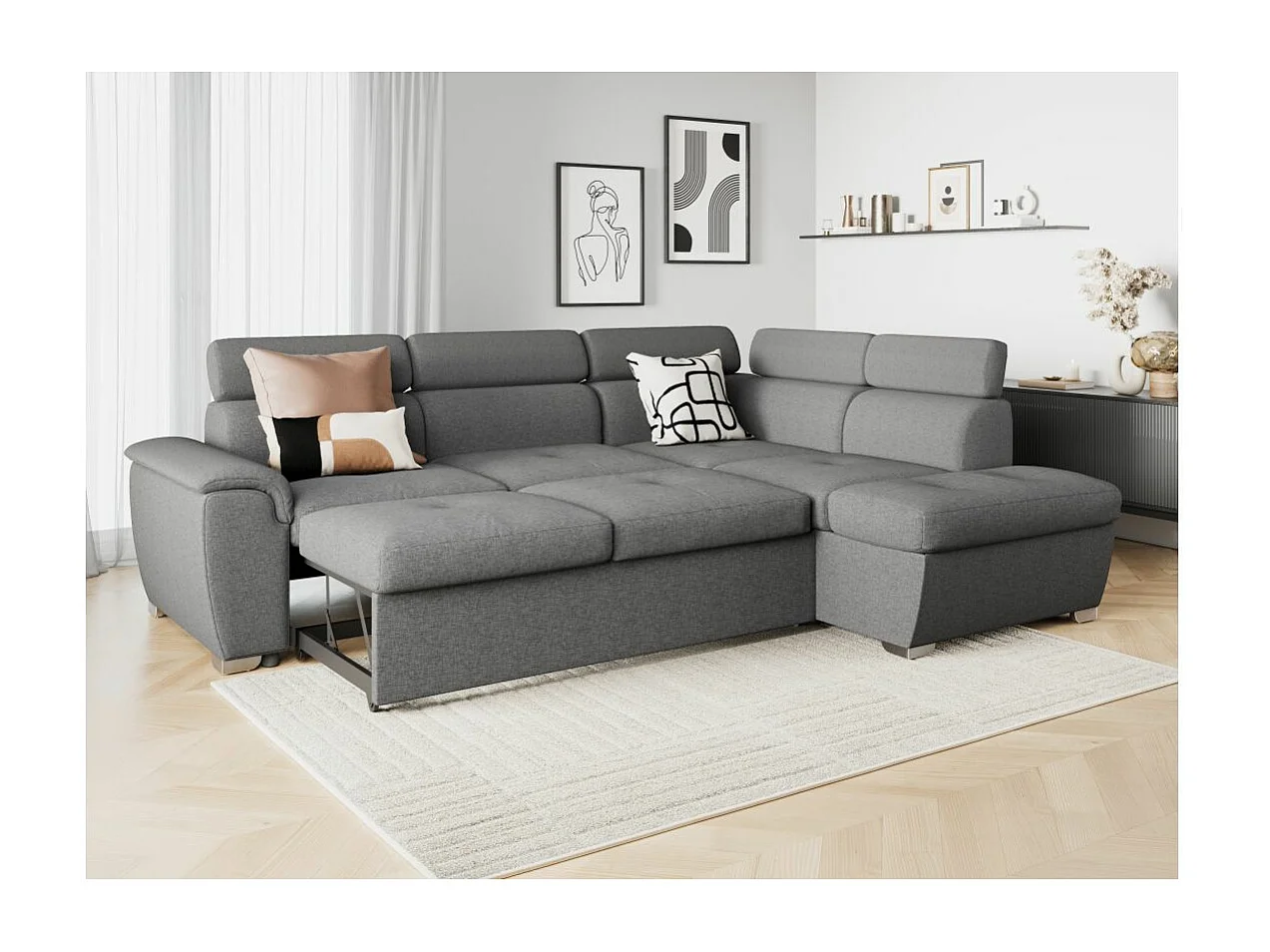 Canapé d'angle droit convertible Paola 4 places avec coffre en tissu - Gris clair - L261 x P198 x H80cm - Loungitude