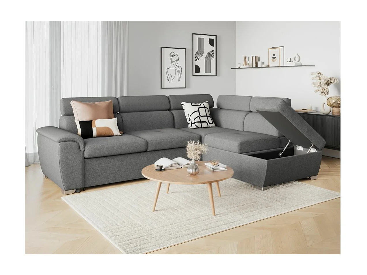 Canapé d'angle droit convertible Paola 4 places avec coffre en tissu - Gris clair - L261 x P198 x H80cm - Loungitude