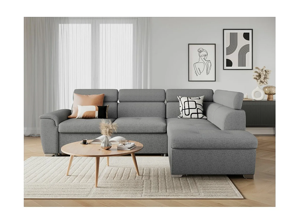 Canapé d'angle droit convertible Paola 4 places avec coffre en tissu - Gris clair - L261 x P198 x H80cm - Loungitude