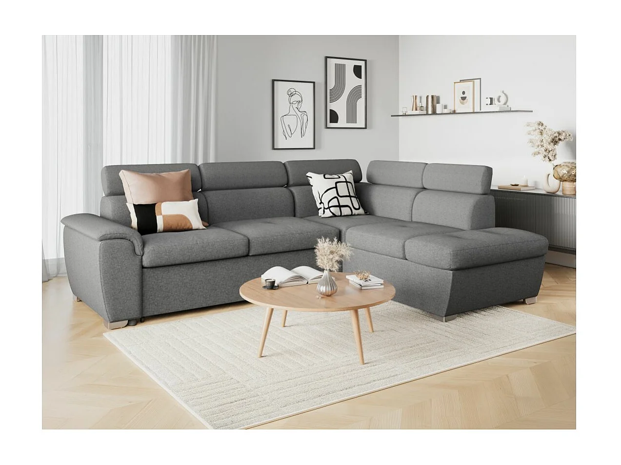 Canapé d'angle droit convertible Paola 4 places avec coffre en tissu - Gris clair - L261 x P198 x H80cm - Loungitude