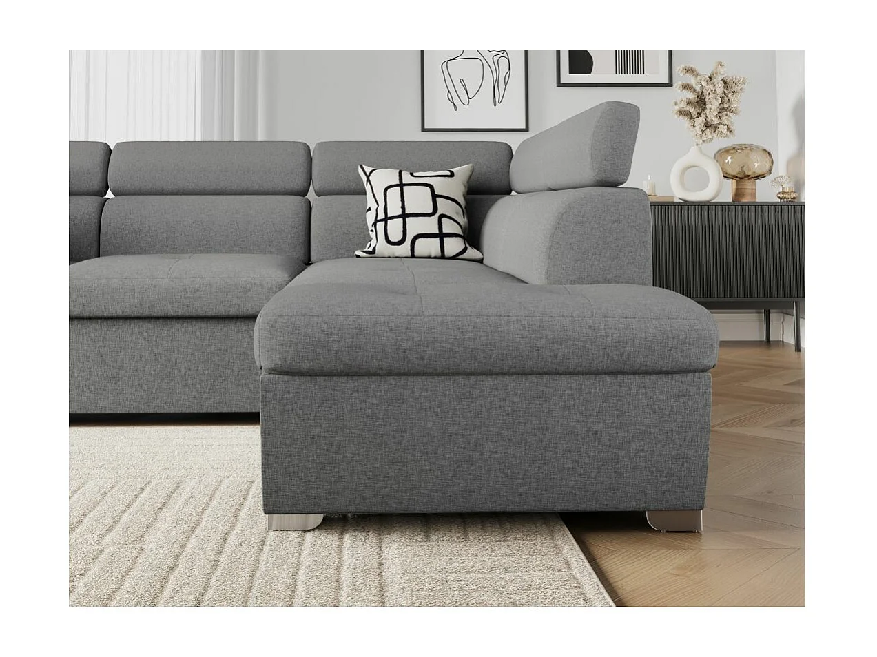 Canapé d'angle droit convertible Paola 4 places avec coffre en tissu - Gris clair - L261 x P198 x H80cm - Loungitude