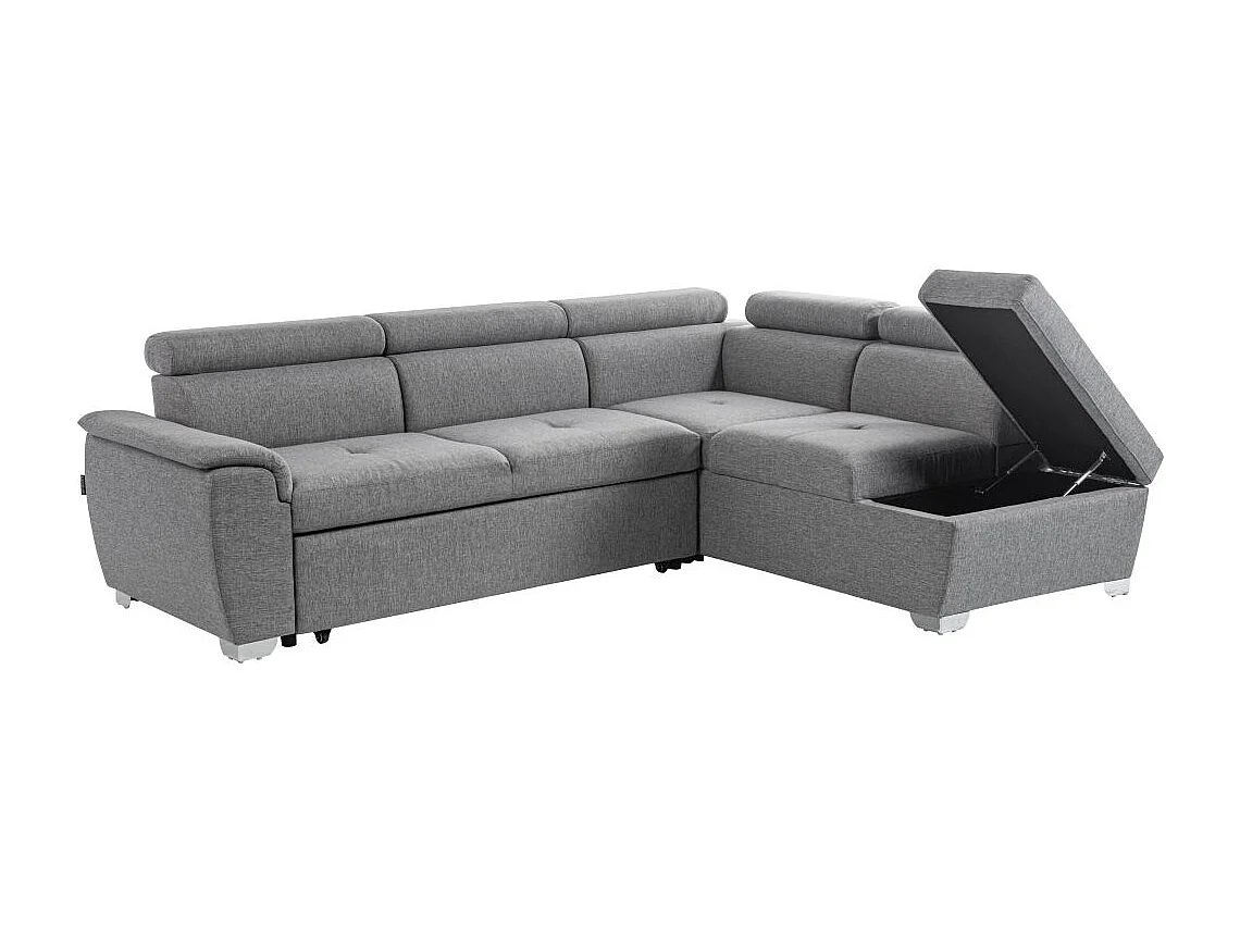 Canapé d'angle droit convertible Paola 4 places avec coffre en tissu - Gris clair - L261 x P198 x H80cm - Loungitude