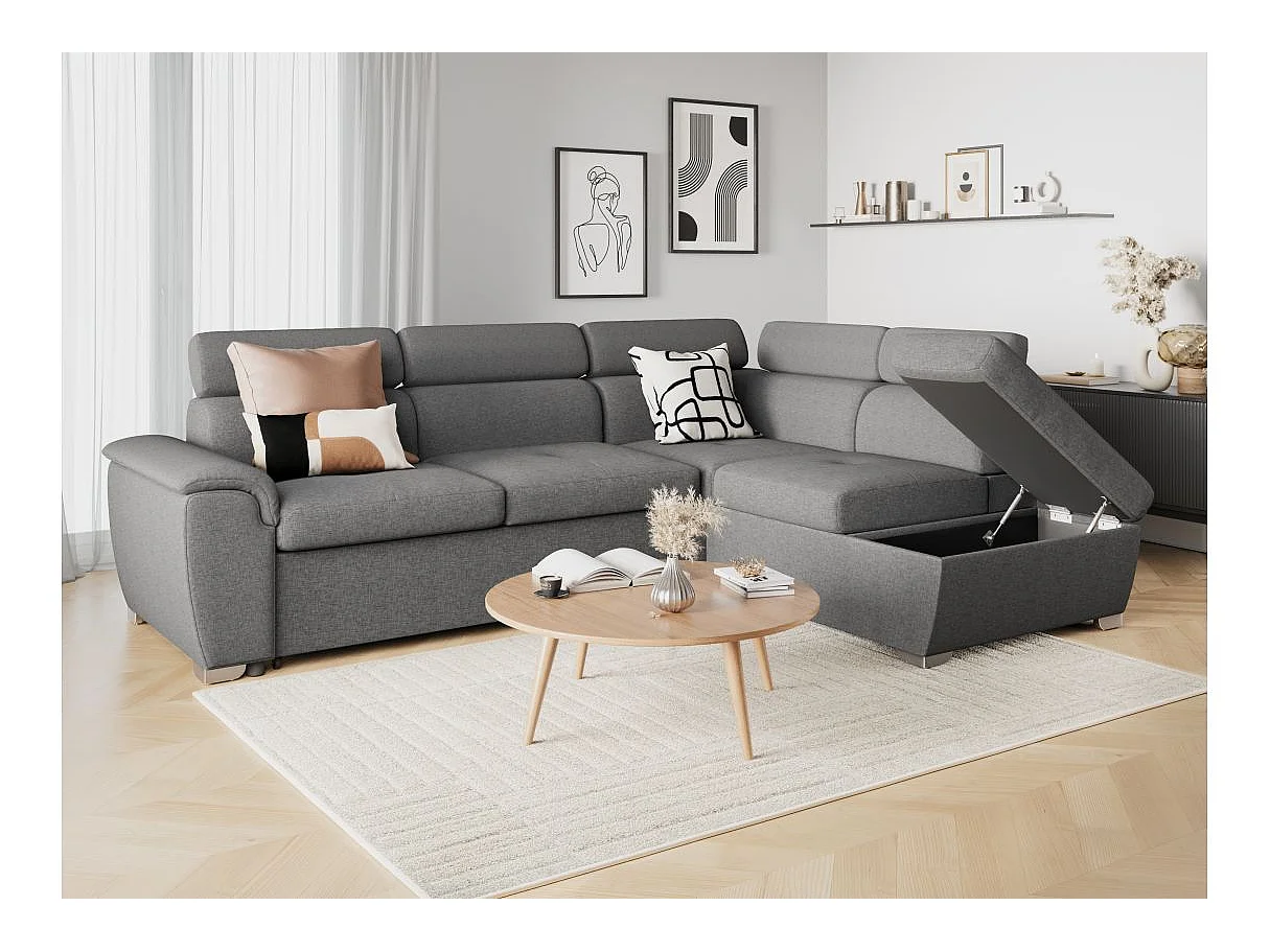 Canapé d'angle droit convertible Paola 4 places avec coffre en tissu - Gris clair - L261 x P198 x H80cm - Loungitude