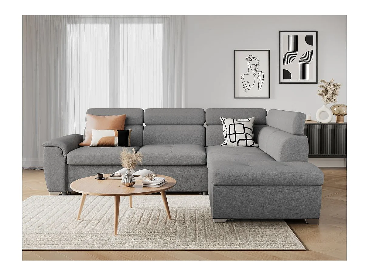 Canapé d'angle droit convertible Paola 4 places avec coffre en tissu - Gris clair - L261 x P198 x H80cm - Loungitude