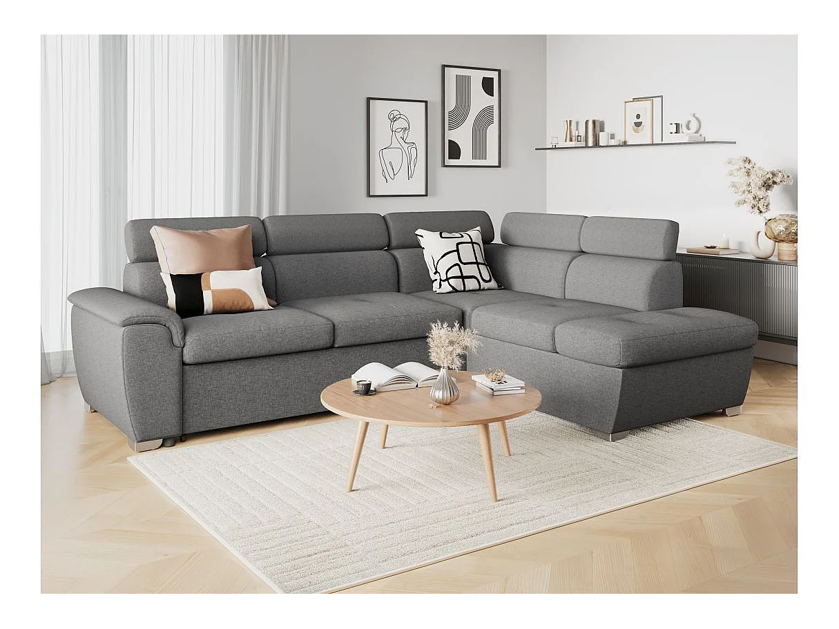 Canapé d'angle droit convertible Paola 4 places avec coffre en tissu - Gris clair - L261 x P198 x H80cm - Loungitude