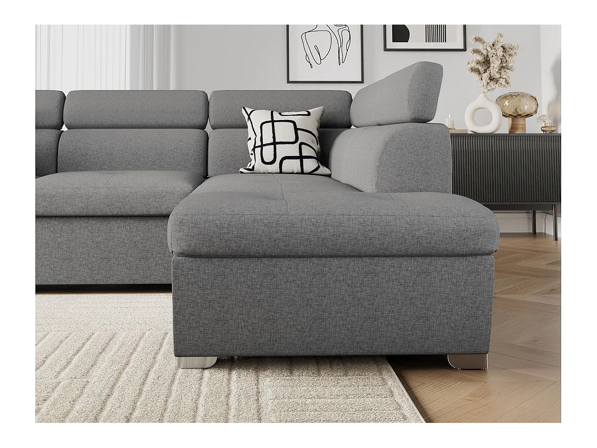 Canapé d'angle droit convertible Paola 4 places avec coffre en tissu - Gris clair - L261 x P198 x H80cm - Loungitude