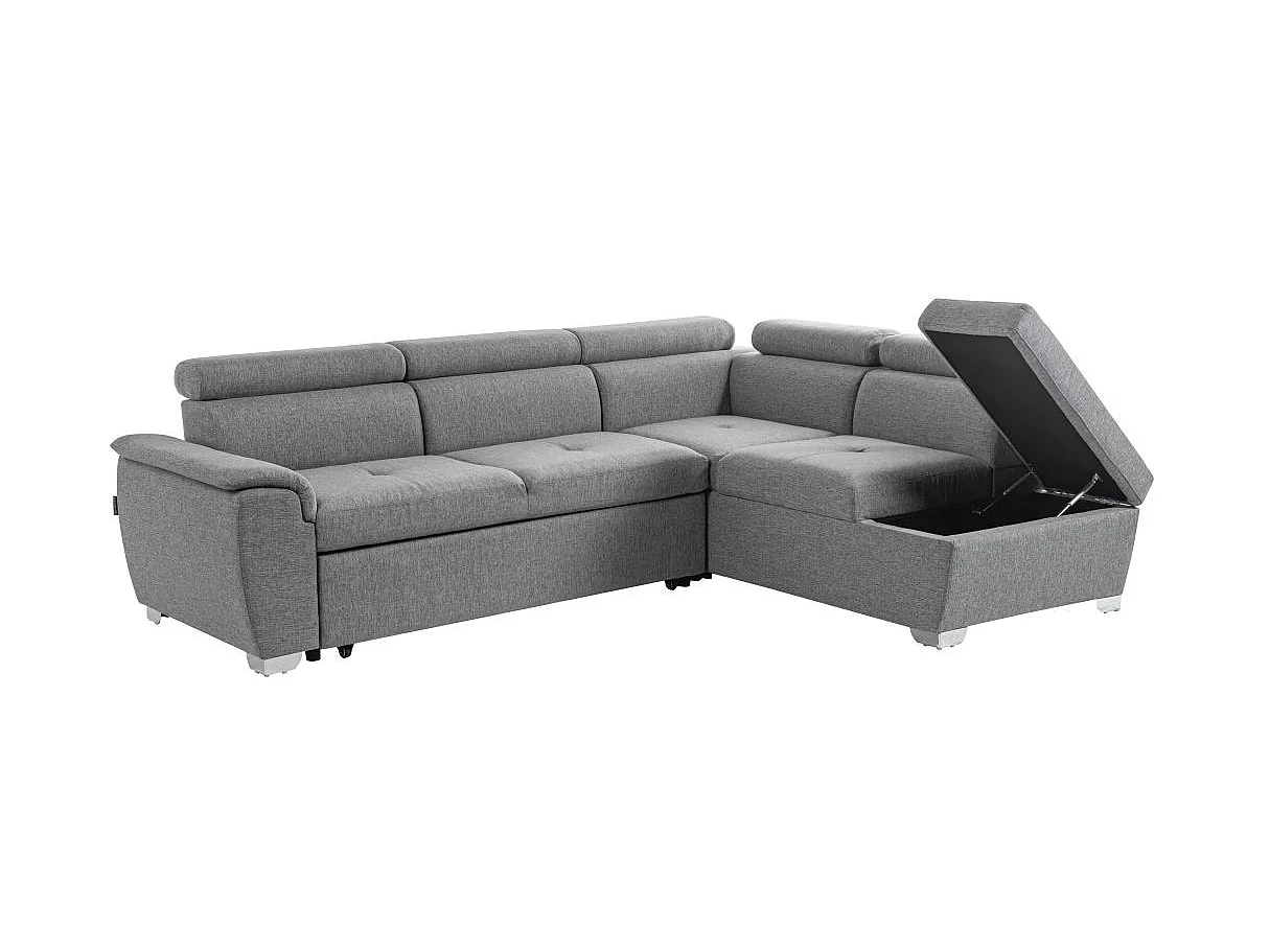 Canapé d'angle droit convertible Paola 4 places avec coffre en tissu - Gris clair - L261 x P198 x H80cm - Loungitude