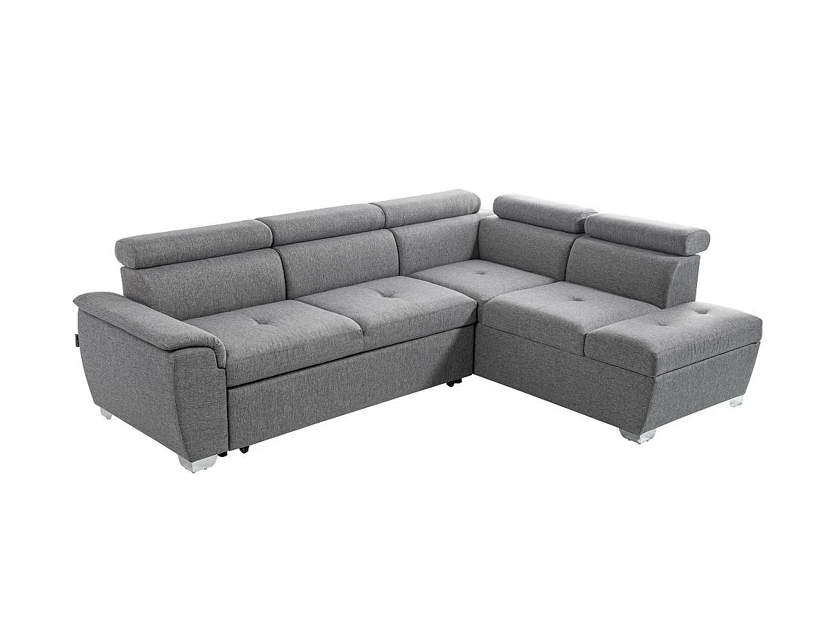 Canapé d'angle droit convertible Paola 4 places avec coffre en tissu - Gris clair - L261 x P198 x H80cm - Loungitude