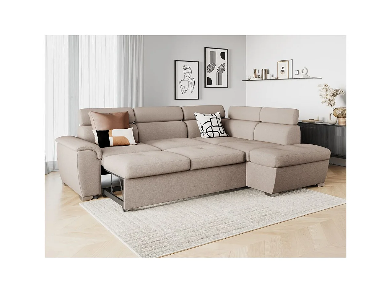 Canapé d'angle droit convertible Paola 4 places avec coffre en tissu - Beige - L261 x P198 x H80cm - Loungitude