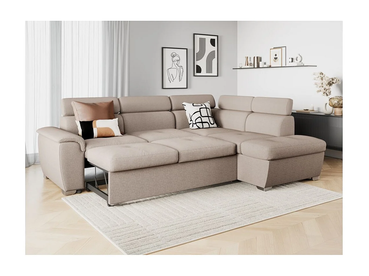 Canapé d'angle droit convertible Paola 4 places avec coffre en tissu - Beige - L261 x P198 x H80cm - Loungitude