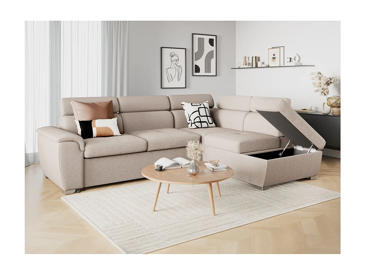 Canapé d'angle droit convertible Paola 4 places avec coffre en tissu - Beige - L261 x P198 x H80cm - Loungitude