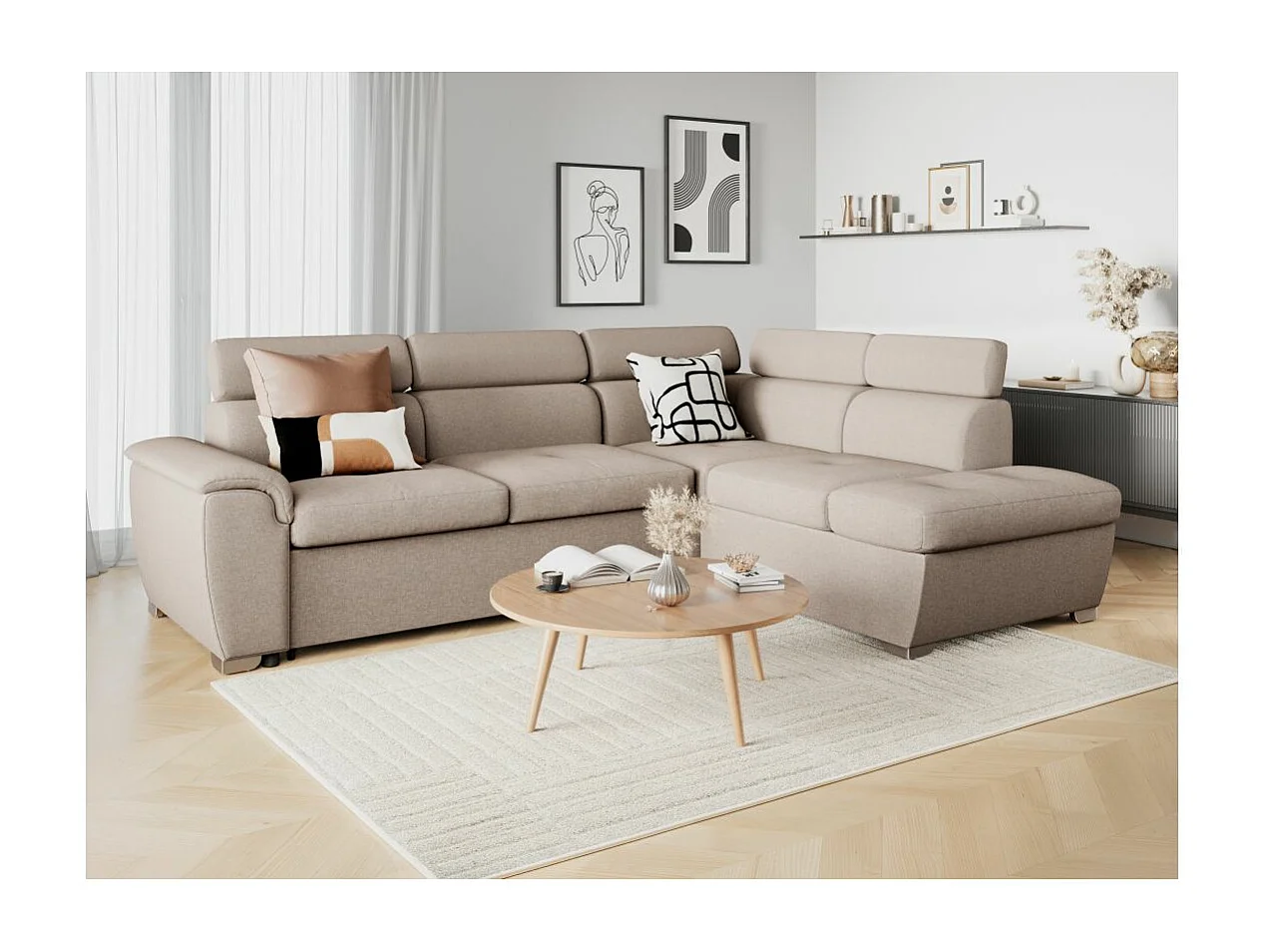 Canapé d'angle droit convertible Paola 4 places avec coffre en tissu - Beige - L261 x P198 x H80cm - Loungitude