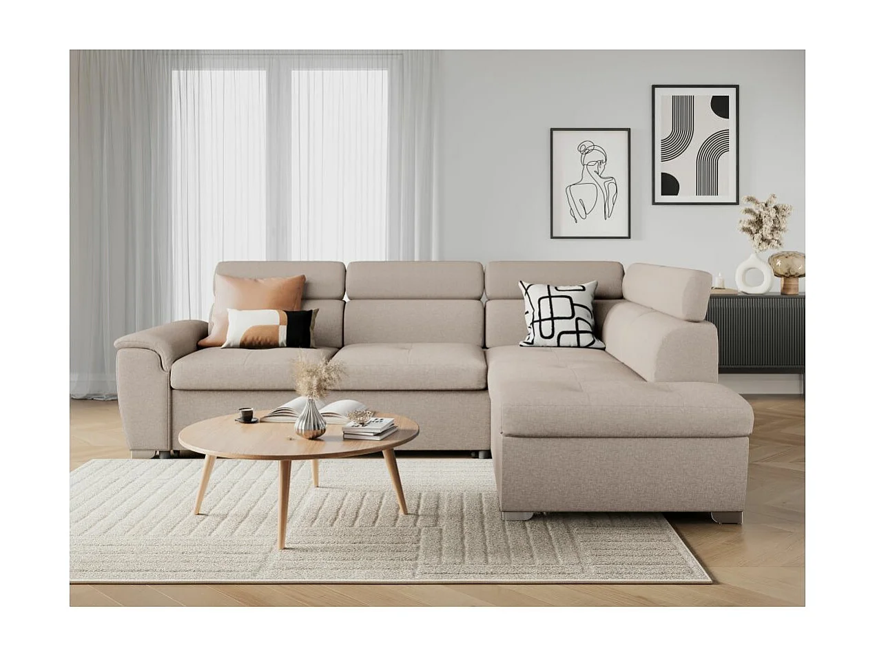 Canapé d'angle droit convertible Paola 4 places avec coffre en tissu - Beige - L261 x P198 x H80cm - Loungitude