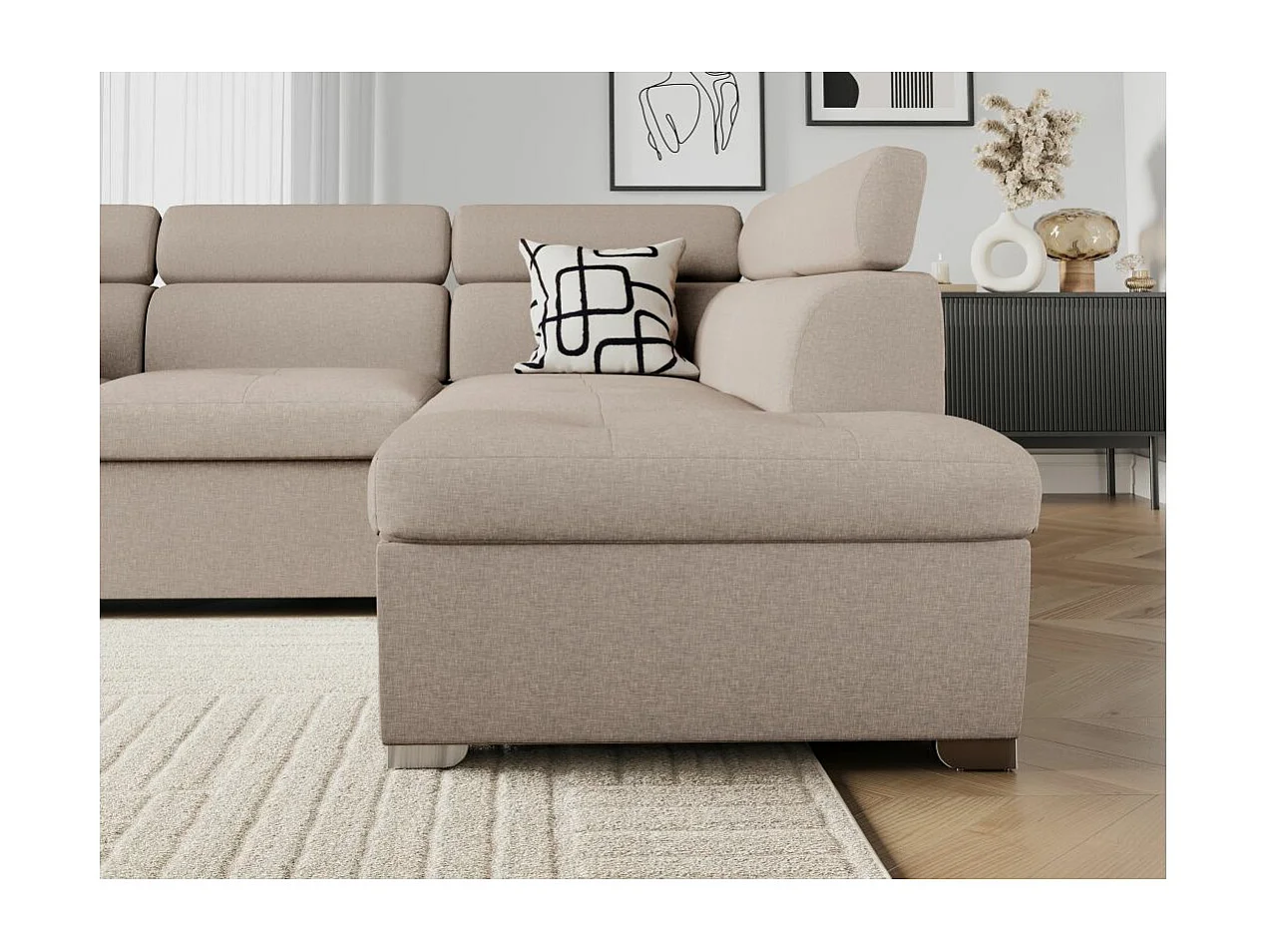 Canapé d'angle droit convertible Paola 4 places avec coffre en tissu - Beige - L261 x P198 x H80cm - Loungitude