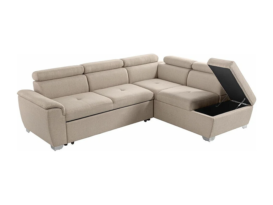 Canapé d'angle droit convertible Paola 4 places avec coffre en tissu - Beige - L261 x P198 x H80cm - Loungitude