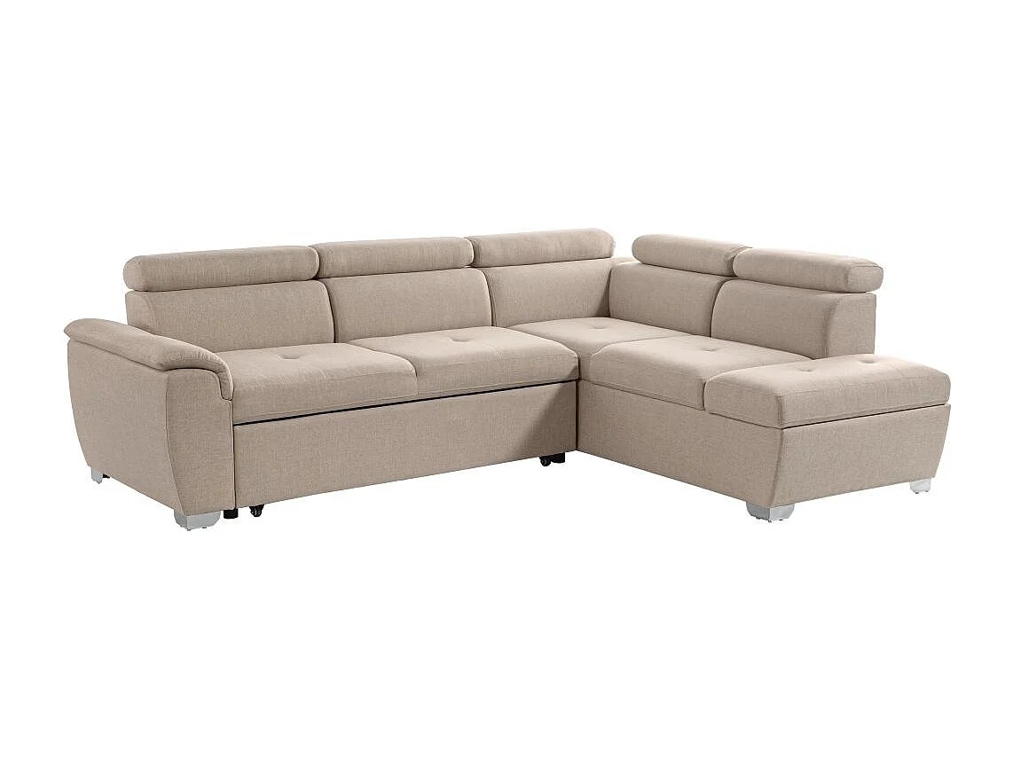 Canapé d'angle droit convertible Paola 4 places avec coffre en tissu - Beige - L261 x P198 x H80cm - Loungitude