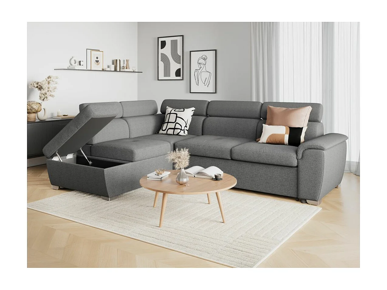 Canapé d'angle gauche convertible Paola 4 places avec coffre en tissu - Gris clair - L261 x P198 x H80cm - Loungitude