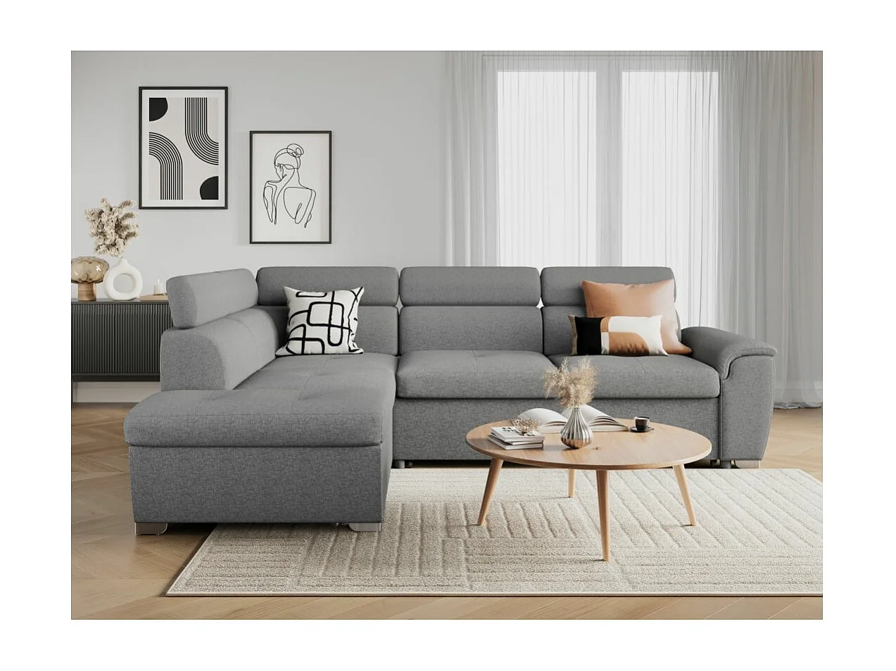Canapé d'angle gauche convertible Paola 4 places avec coffre en tissu - Gris clair - L261 x P198 x H80cm - Loungitude