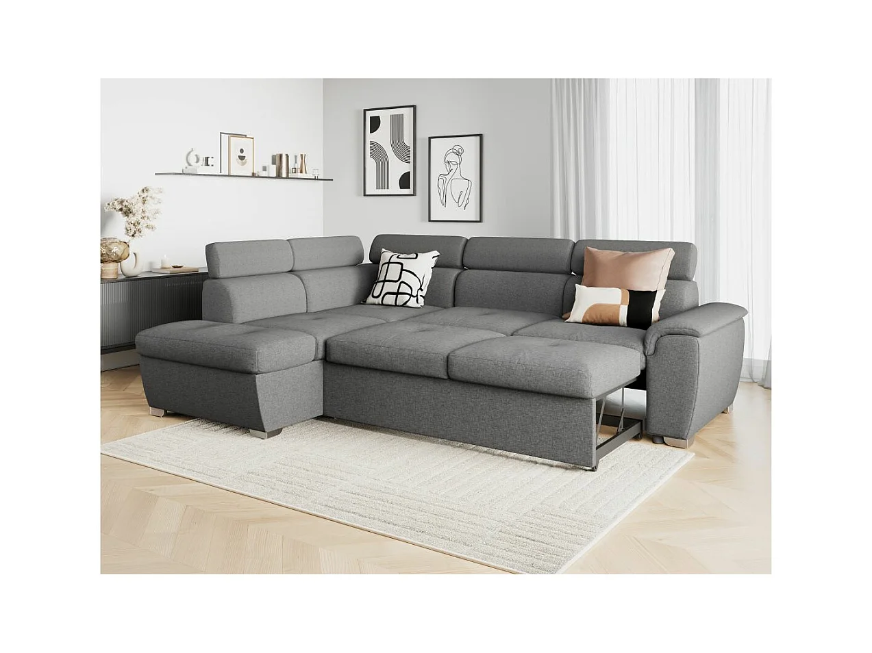 Canapé d'angle gauche convertible Paola 4 places avec coffre en tissu - Gris clair - L261 x P198 x H80cm - Loungitude
