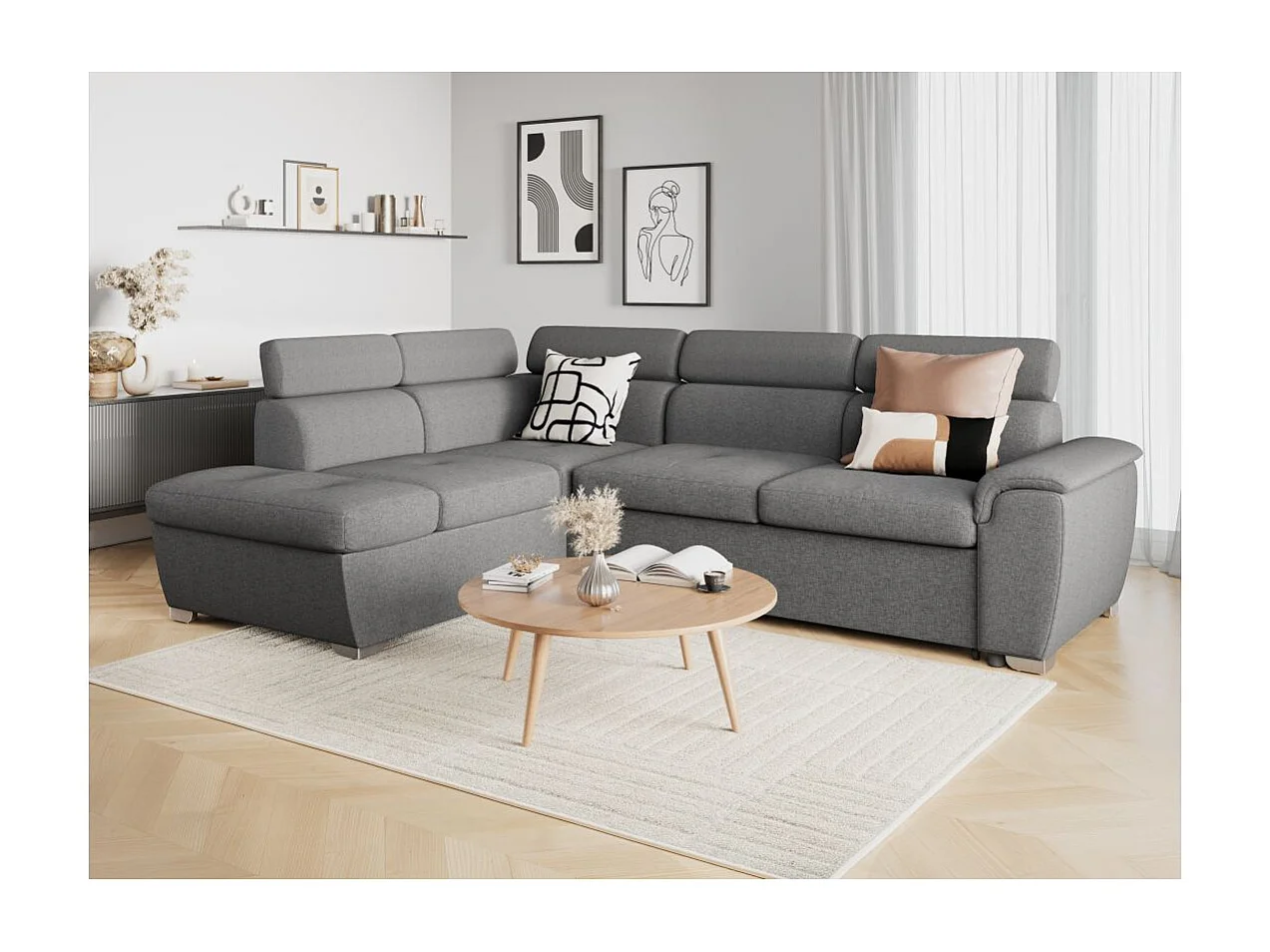 Canapé d'angle gauche convertible Paola 4 places avec coffre en tissu - Gris clair - L261 x P198 x H80cm - Loungitude
