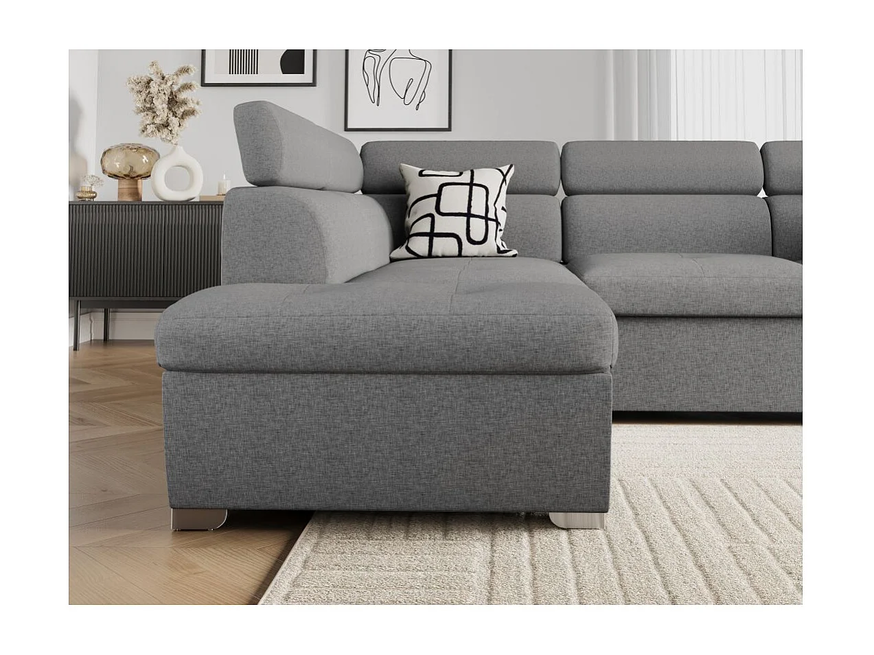 Canapé d'angle gauche convertible Paola 4 places avec coffre en tissu - Gris clair - L261 x P198 x H80cm - Loungitude