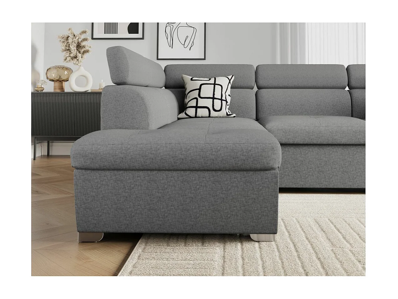 Canapé d'angle gauche convertible Paola 4 places avec coffre en tissu - Gris clair - L261 x P198 x H80cm - Loungitude