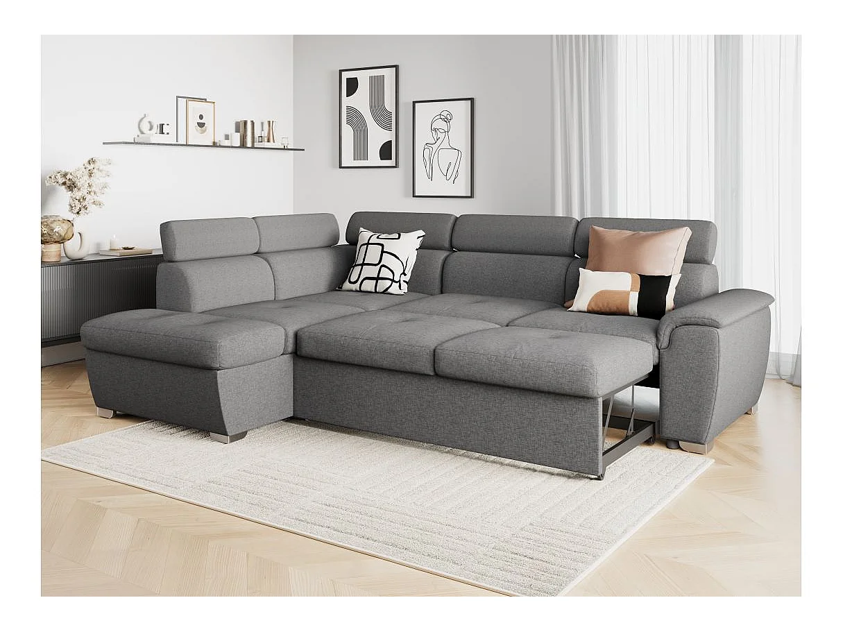 Canapé d'angle gauche convertible Paola 4 places avec coffre en tissu - Gris clair - L261 x P198 x H80cm - Loungitude