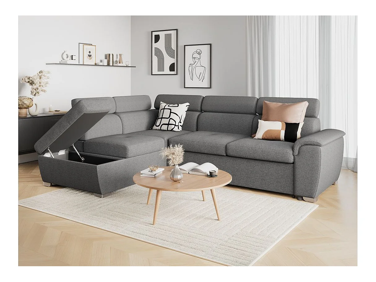 Canapé d'angle gauche convertible Paola 4 places avec coffre en tissu - Gris clair - L261 x P198 x H80cm - Loungitude