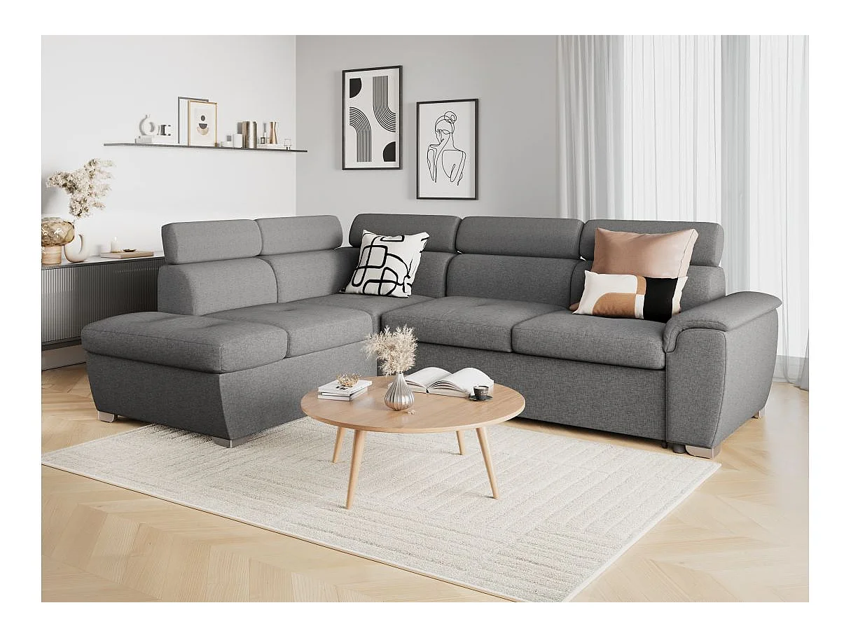 Canapé d'angle gauche convertible Paola 4 places avec coffre en tissu - Gris clair - L261 x P198 x H80cm - Loungitude