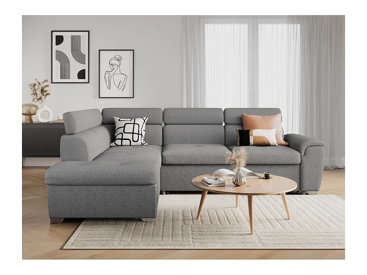 Canapé d'angle gauche convertible Paola 4 places avec coffre en tissu - Gris clair - L261 x P198 x H80cm - Loungitude