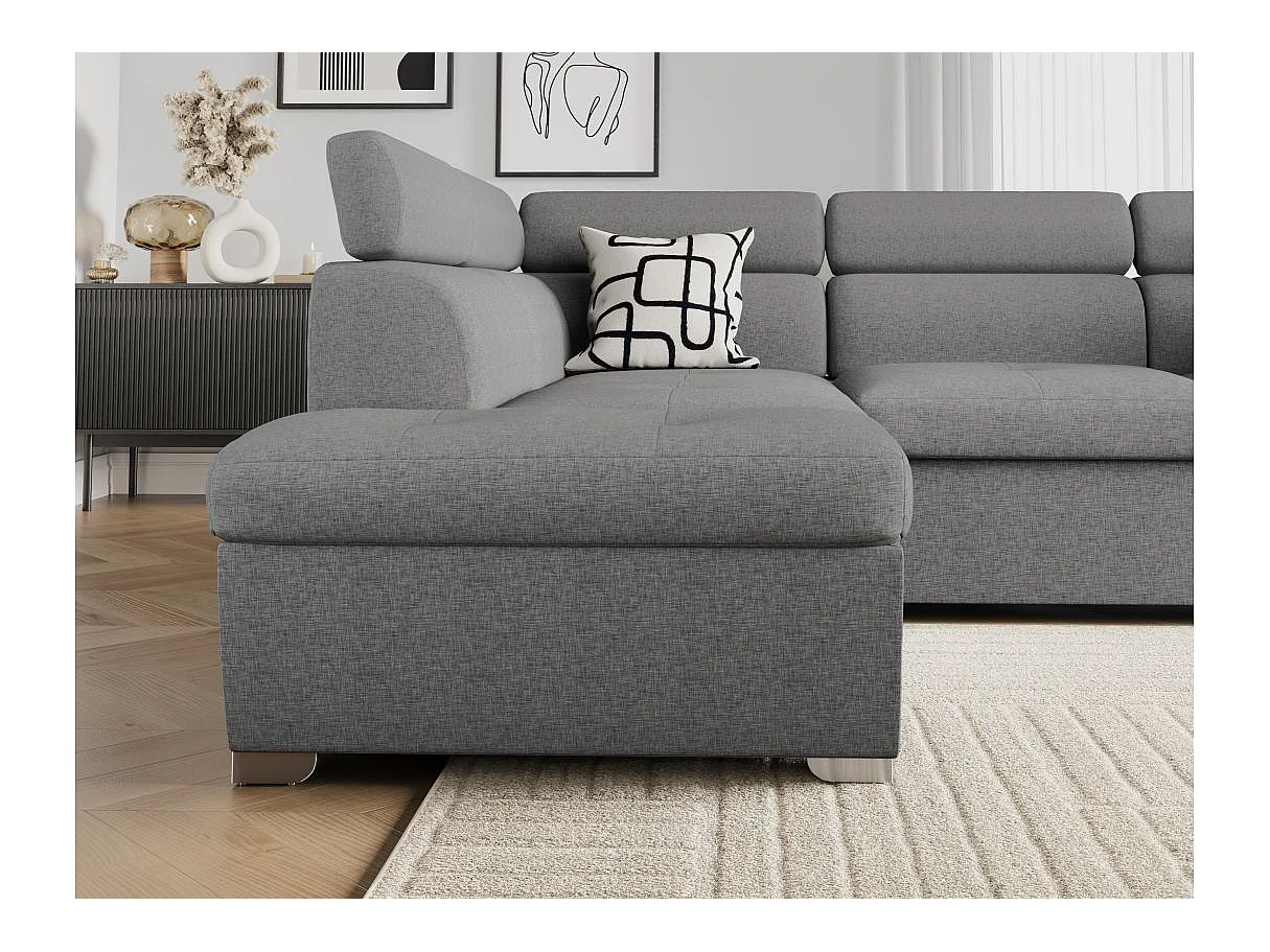 Canapé d'angle gauche convertible Paola 4 places avec coffre en tissu - Gris clair - L261 x P198 x H80cm - Loungitude