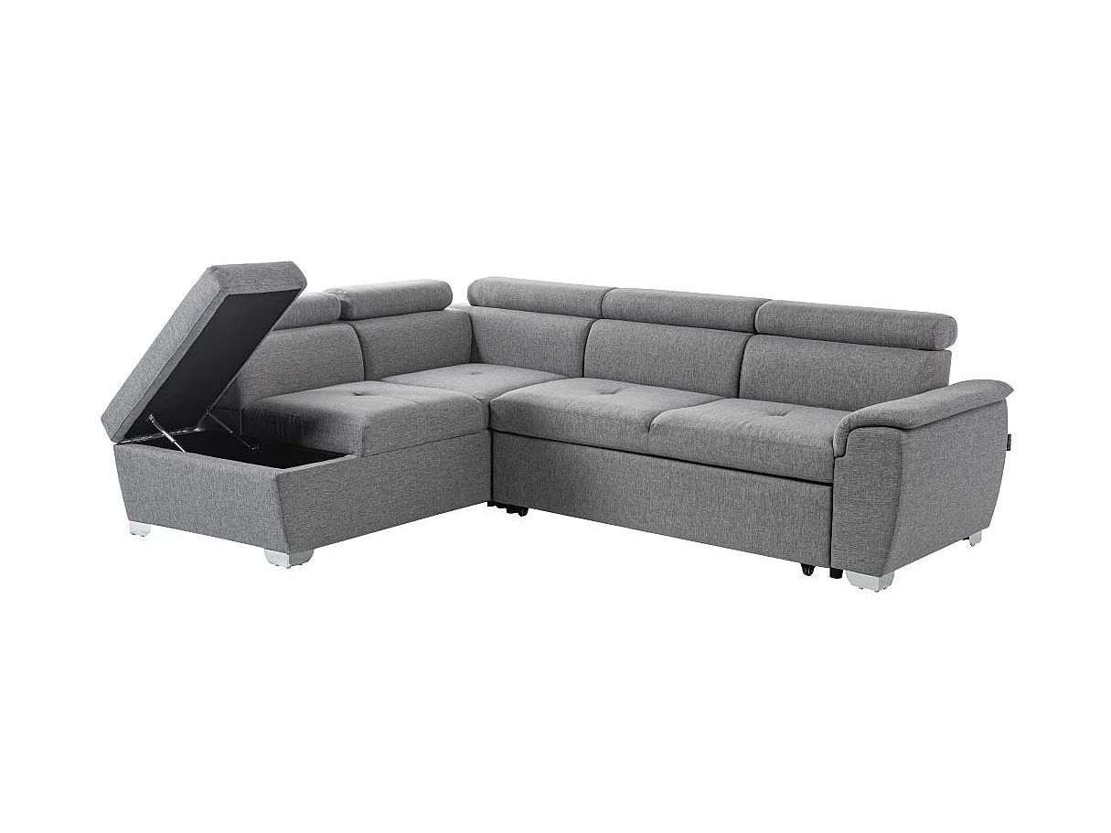 Canapé d'angle gauche convertible Paola 4 places avec coffre en tissu - Gris clair - L261 x P198 x H80cm - Loungitude