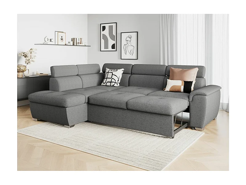 Canapé d'angle gauche convertible Paola 4 places avec coffre en tissu - Gris clair - L261 x P198 x H80cm - Loungitude