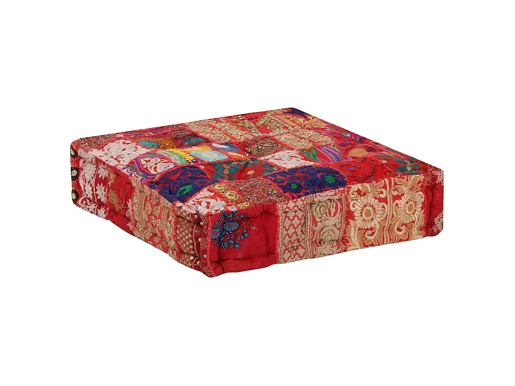 Pouf Patchwork in Cotone Fatto a Mano Quadrato 50x50x12cm Rosso