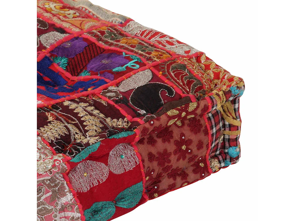 Pouf Patchwork in Cotone Fatto a Mano Quadrato 50x50x12cm Rosso