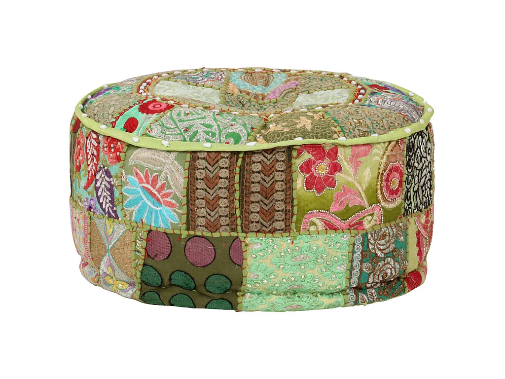Pouf Patchwork Rotondo Fatto a Mano in Cotone 40x20 cm Verde