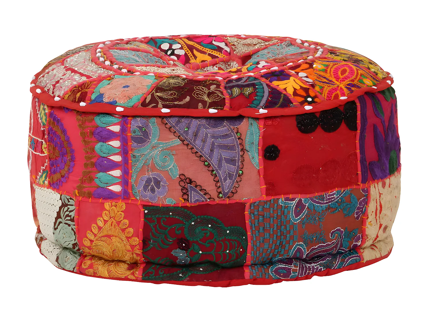 Patchwork Sitzpouf Rund Baumwolle Handgefertigt 40x20 cm Rot