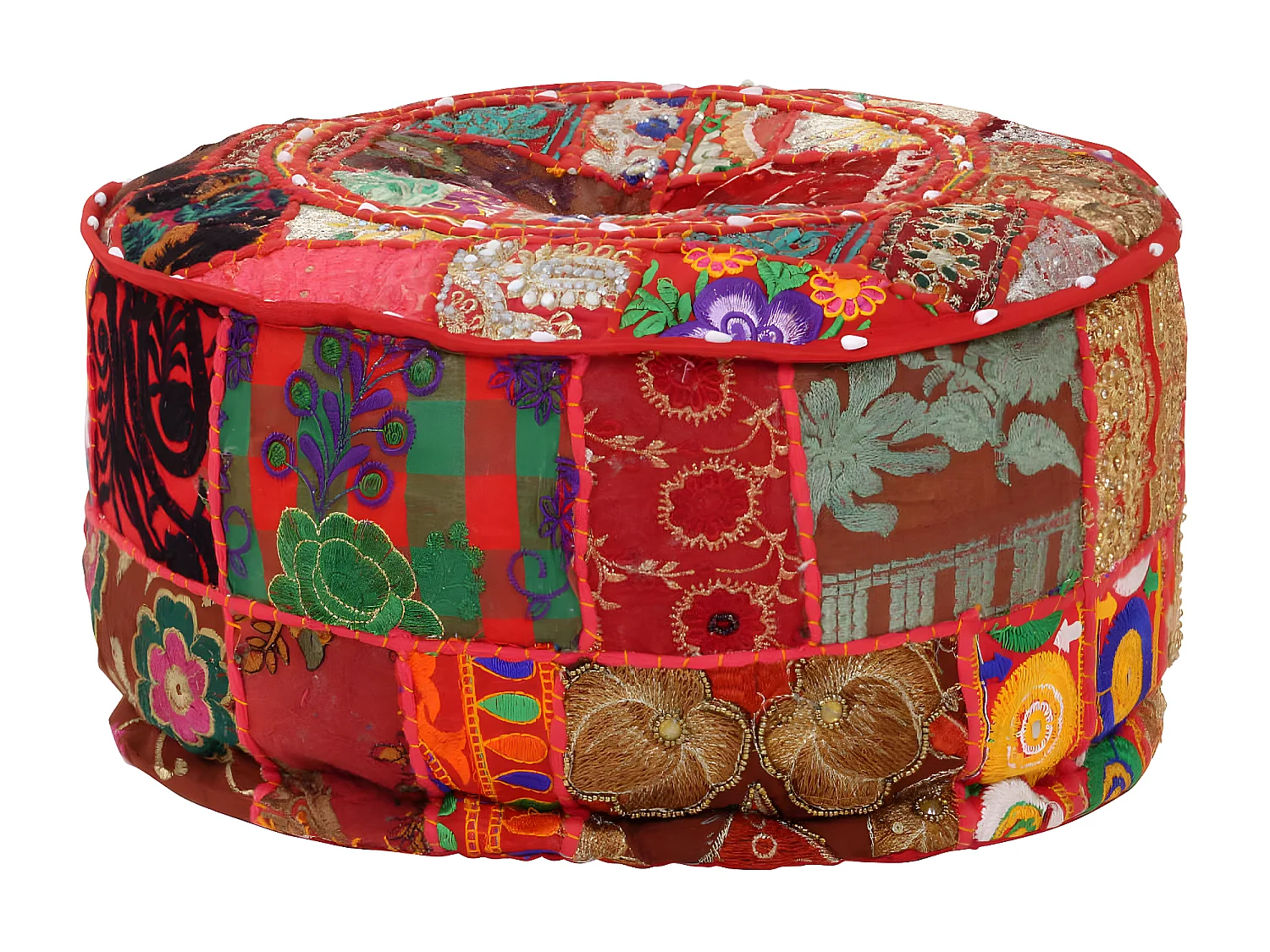 Patchwork Sitzpouf Rund Baumwolle Handgefertigt 40x20 cm Rot