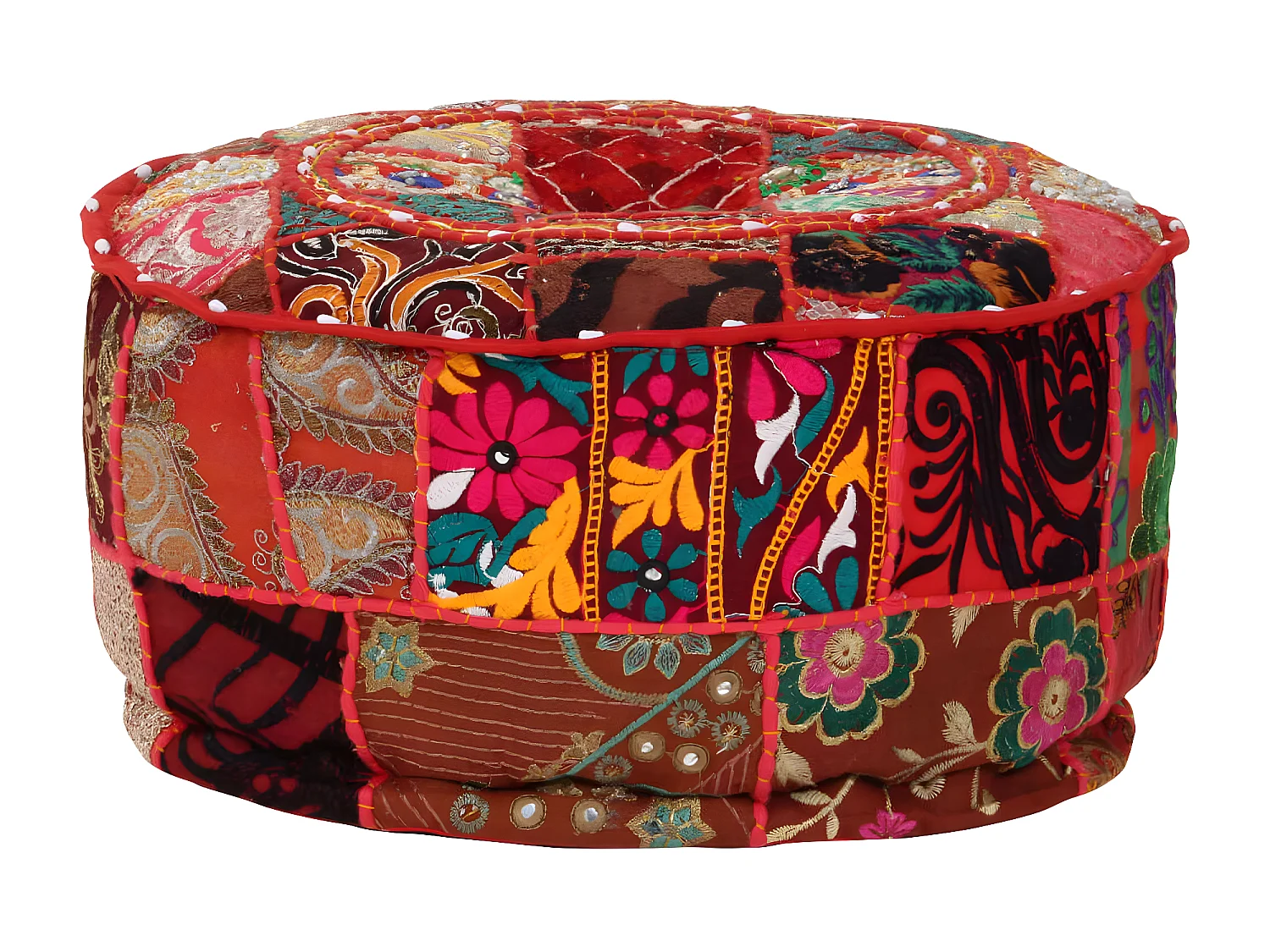 Patchwork Sitzpouf Rund Baumwolle Handgefertigt 40x20 cm Rot
