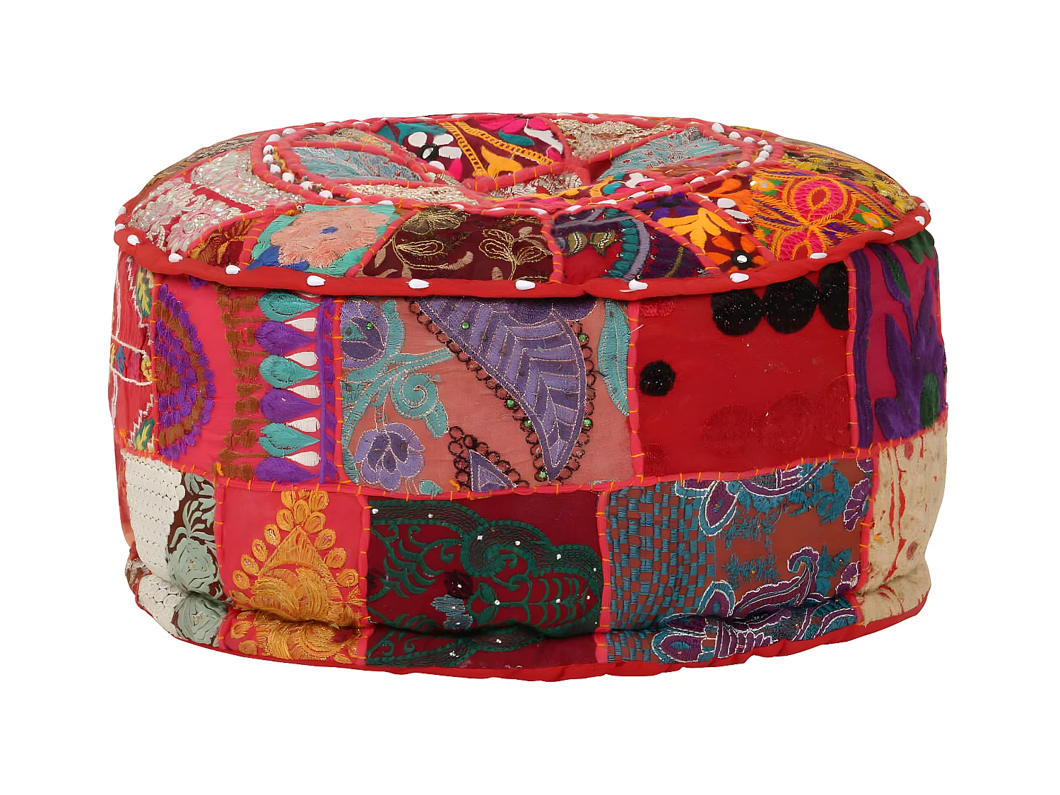 Puf redondo de pachtwork algodón hecho a mano 40x20 cm rojo