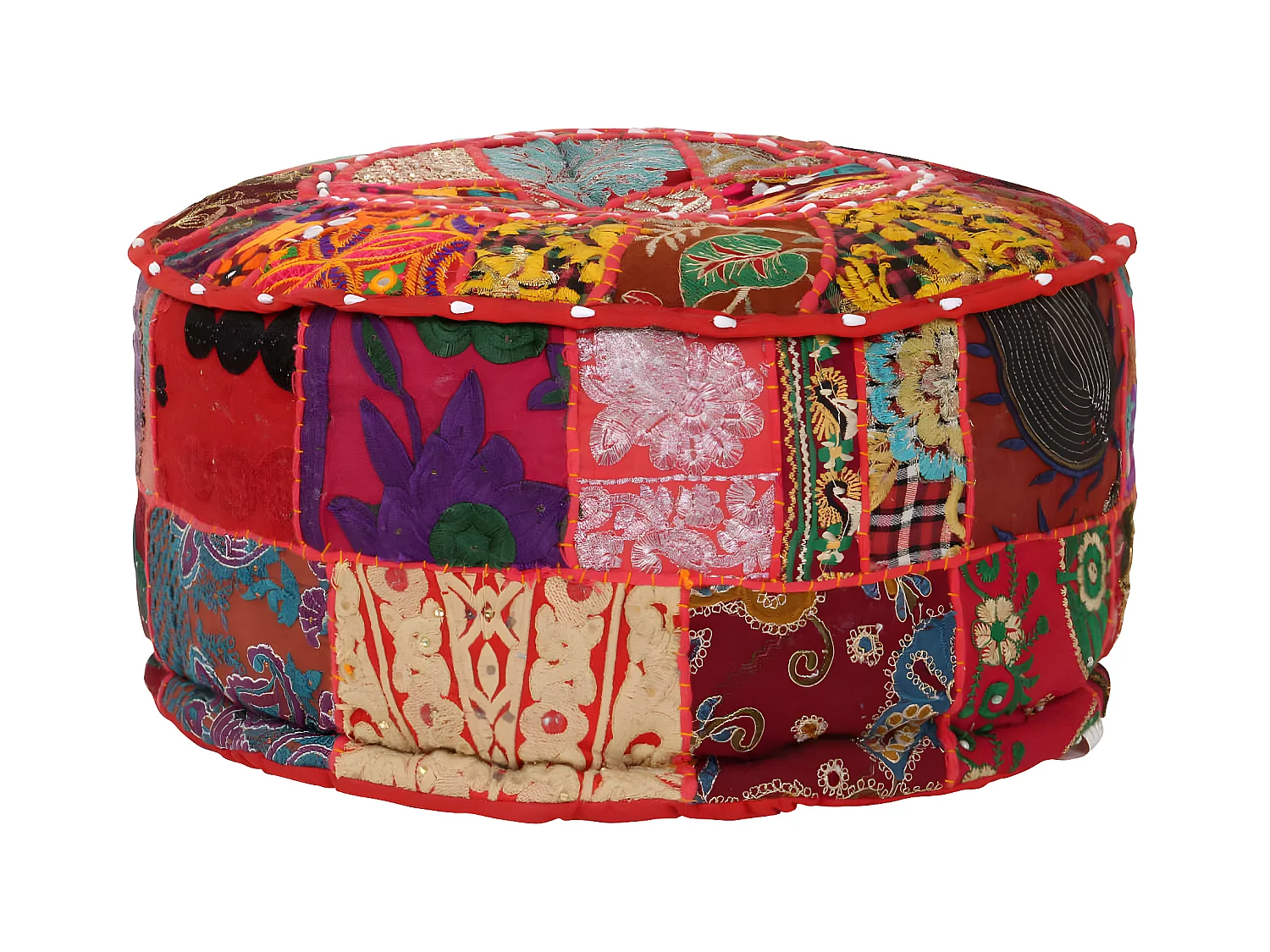Poef patchwork rond handgemaakt 40x20 cm katoen rood
