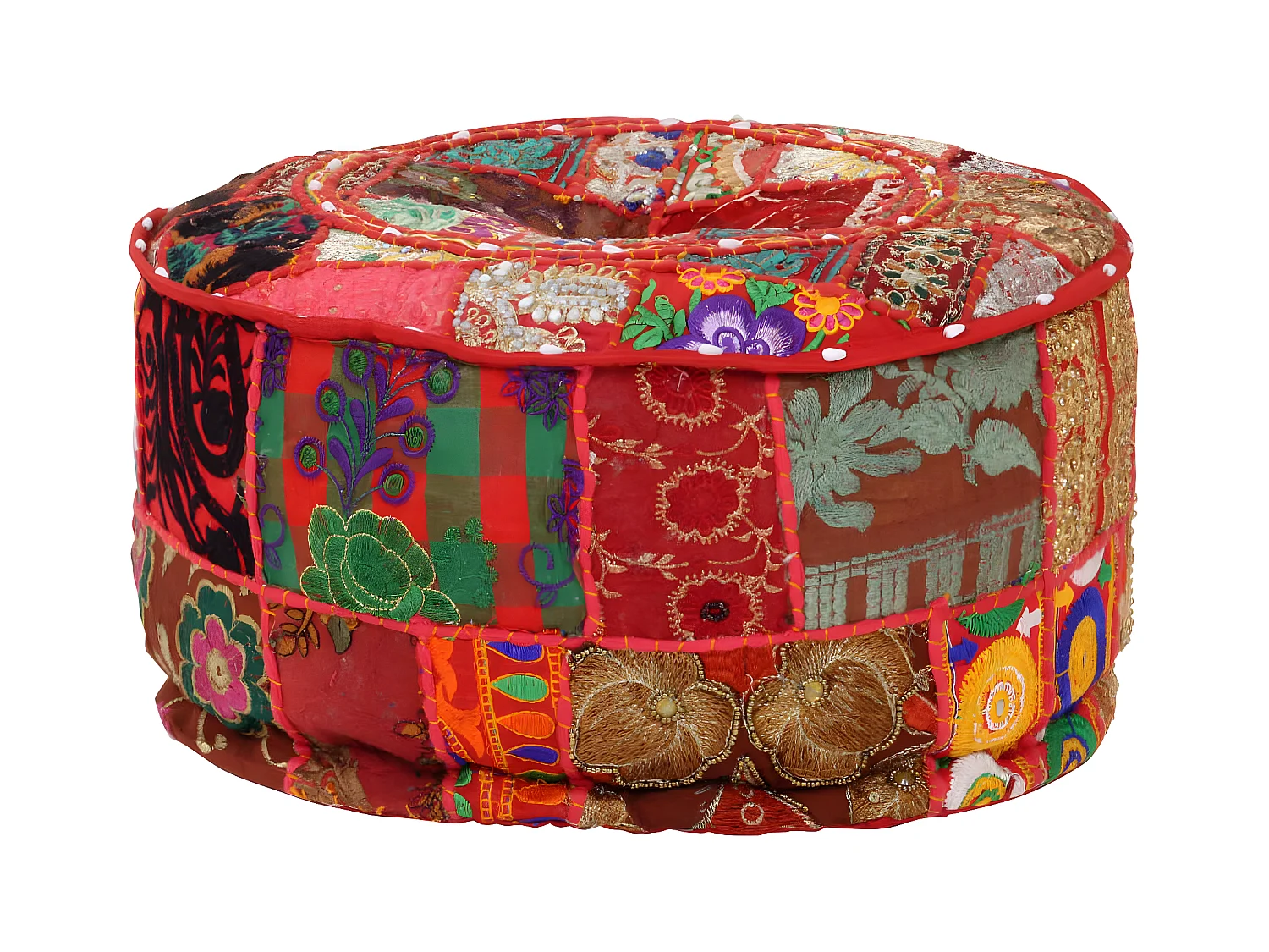 Poef patchwork rond handgemaakt 40x20 cm katoen rood
