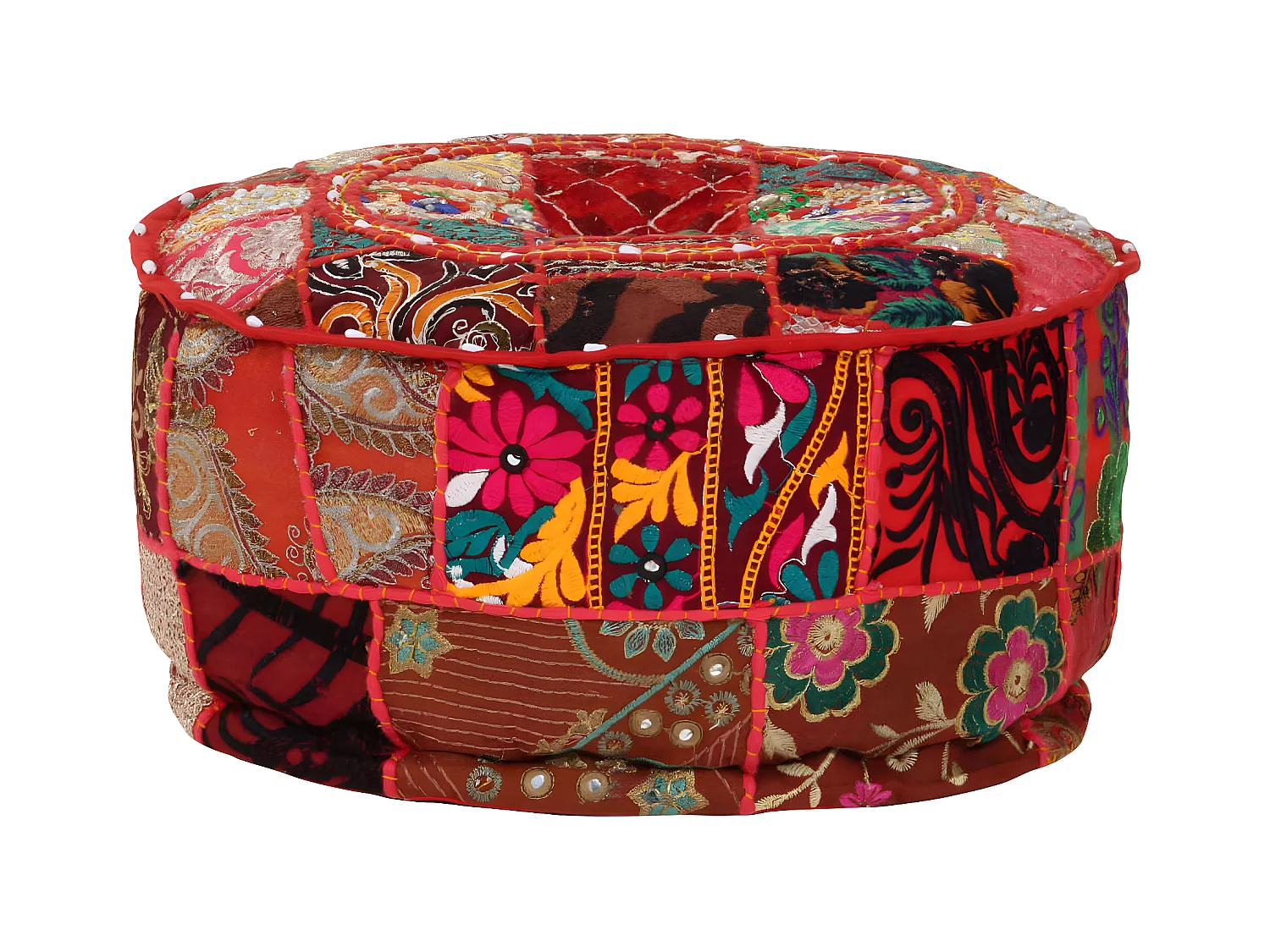 Poef patchwork rond handgemaakt 40x20 cm katoen rood