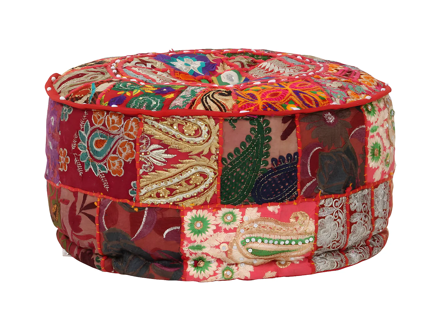 Poef patchwork rond handgemaakt 40x20 cm katoen rood