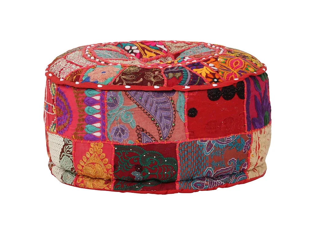 Pouf Patchwork Rotondo Fatto a Mano in Cotone 40x20 cm Rosso