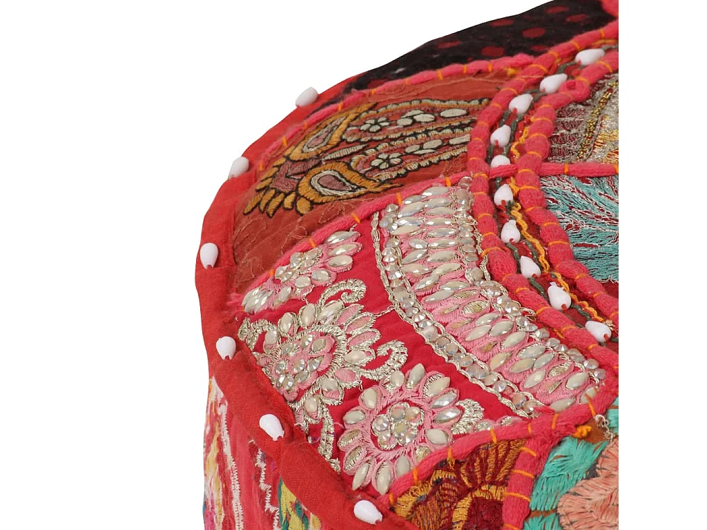 Pouf Patchwork Rotondo Fatto a Mano in Cotone 40x20 cm Rosso