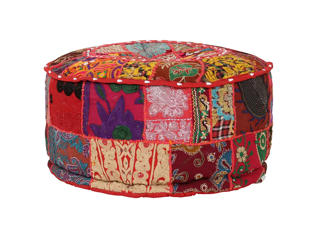 Pouf Patchwork Rotondo Fatto a Mano in Cotone 40x20 cm Rosso