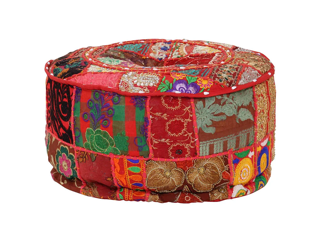 Pouf Patchwork Rotondo Fatto a Mano in Cotone 40x20 cm Rosso