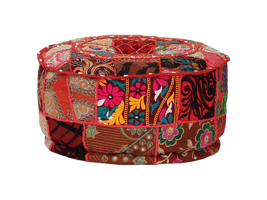 Pouf Patchwork Rotondo Fatto a Mano in Cotone 40x20 cm Rosso